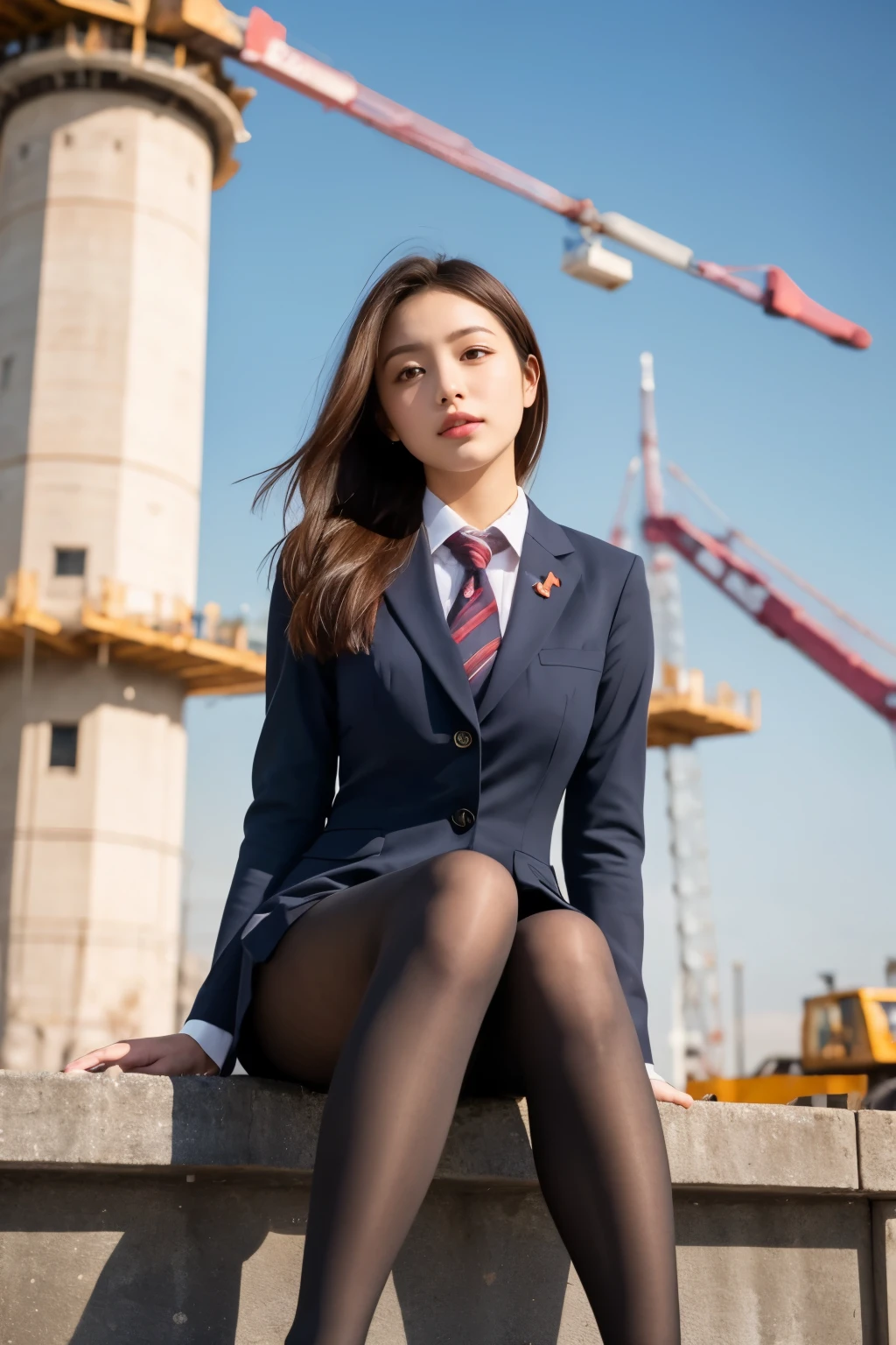 masterpiece, Bokeh, (Beautiful Face), (Detailed face), (Perfect hands), (Japanese Idols:1.6), (school uniform:1.3), (Ultra-realistic pantyhose:1.3), (Sit at the top of the tower:1.3),( Large bridge construction site:1.3), (Blushed:1.3), Working boots, (From below:1.5), Beautiful mature woman、