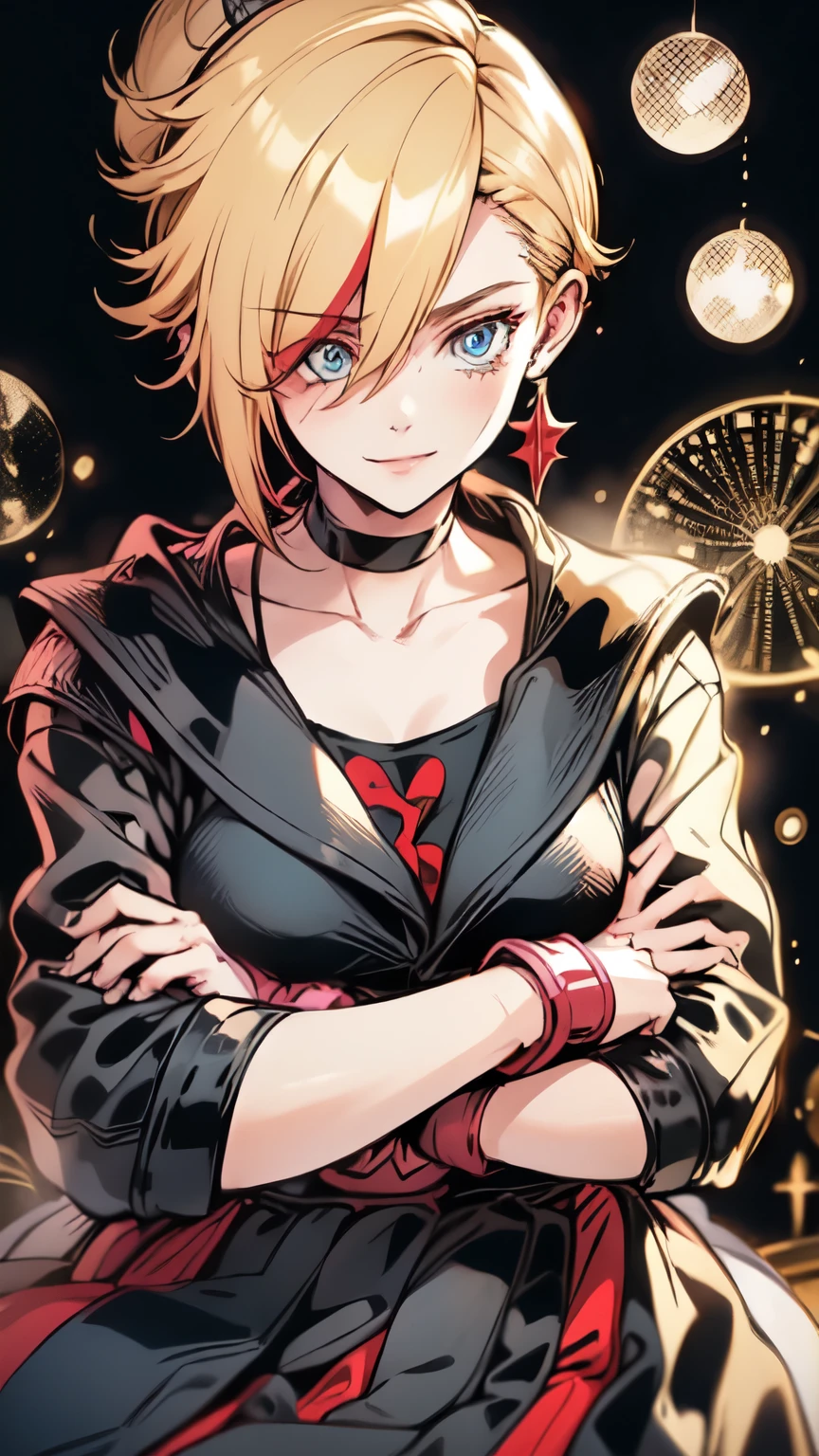 (best quality:1.2),solo,1girl,mdrin,smile,looking at viewer,crossed arms,ponytail,v-shaped eyebrows,white jacket,red shirt,fingerless gloves,black skirt,choker,illustration,floral garden background,warm color tones,soft lighting