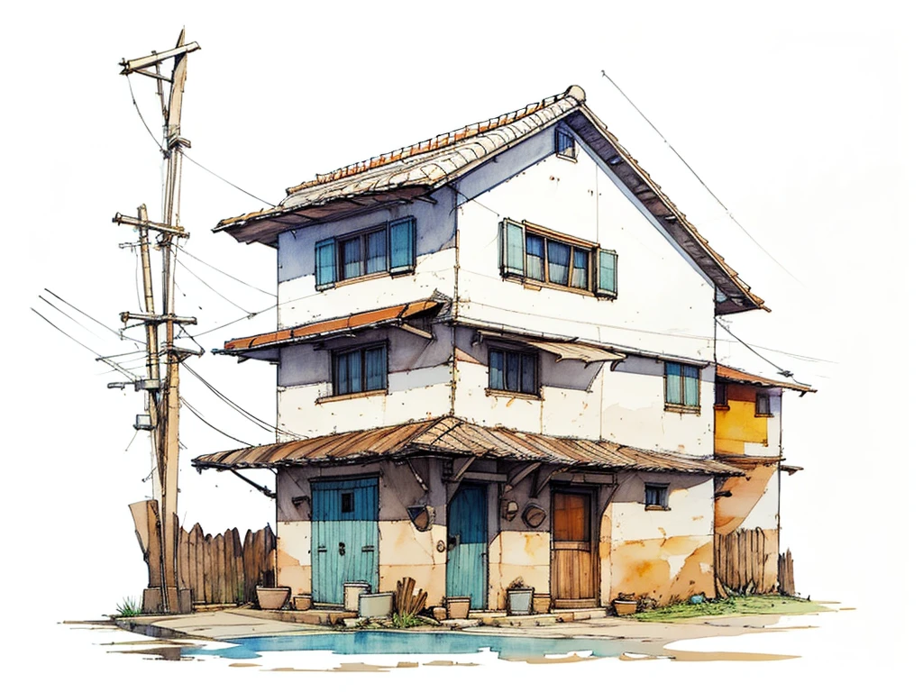 small house in the suburbs of a fishing village, unfinished sketch, watercolor, pencil and ink on paper, (white background: 1.2)