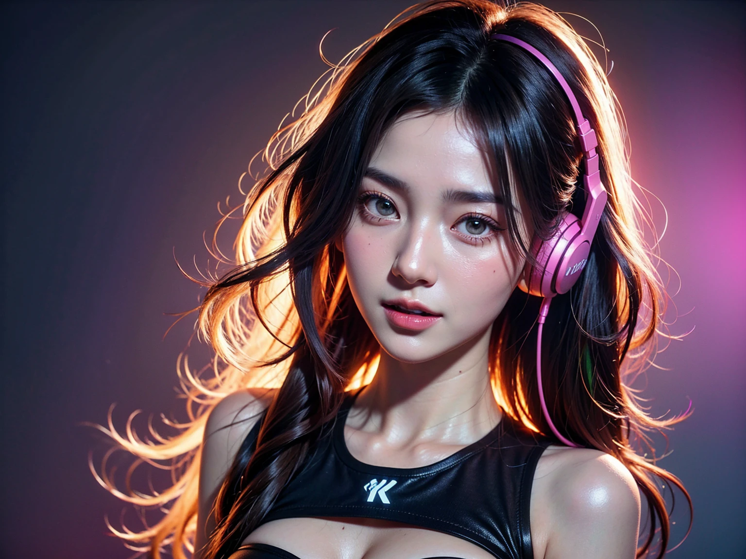 1 woman, beautiful dj girl, long wavy hair, perfect face, Beautiful grey eyes, long eyes turn red, wearing headphones, , listen to the music, neon background, Tight colorful cotton shirt, Multi-colored surroundings, slim body, open your chest wide, big bust, Body photo:1.2, laugh, fascinating look, erotic expression, 8k, uhd, high res photo, masterpiece, high quality photos,