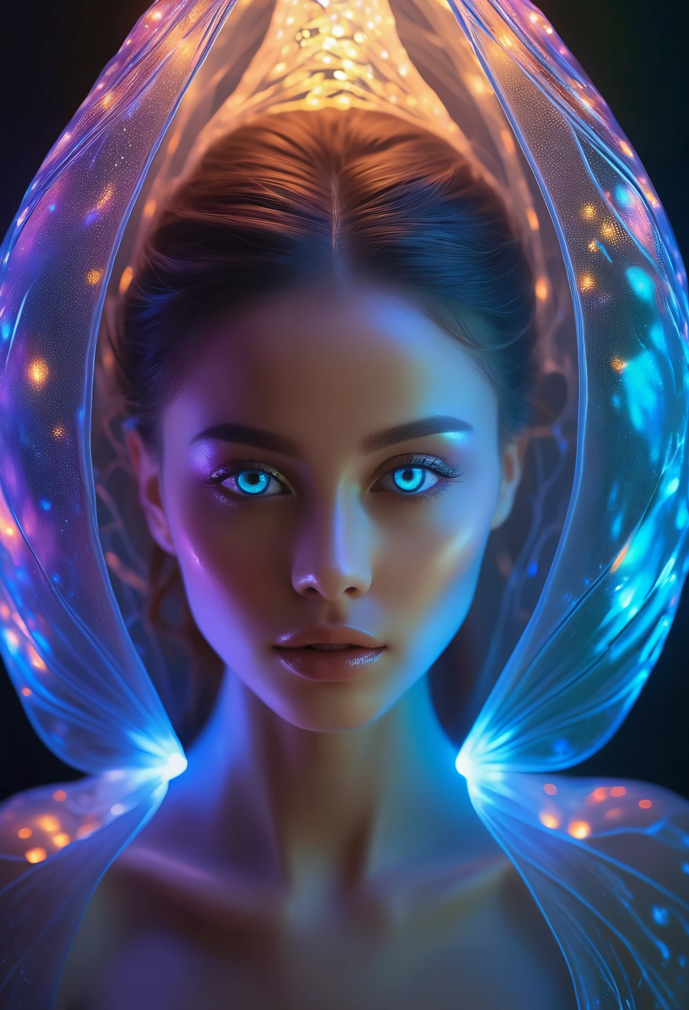 1 beautiful female alien girl emerging from a cocoon, detailed beautiful face like cute girl and body, from back, (glowing eyes, glowing skin:1.5), intricate organic details, translucent wings, symmetrical face, ethereal lighting, cinematic, vibrant colors, digital art, highly detailed, 8k, photorealistic, whole body, Floating in the air