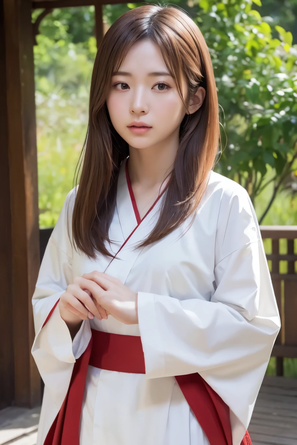 face toward the temple grounds, the sunlight is shining for her, Japanese "MIKO" costume like kimono and its colored white and red, praying for peace, leaning forward slightly bowing posture, put your palms together as if praying, divine, sad expression, drooping eyebrows, mouth tightly closed, eyes closed, long black hair, not wearing any ornaments, hair is not dishevelled, beautiful white-colored translucent skin, a little sunburned, slendar figure, less exposed skin, 
 skiny chest, no-makeup, small nose, smooth shaped jawline, glossy face, flushed cheeks, detailed eyes, detailed lips, photorealistic, highly detailed, 8k, best quality, masterpiece, vibrant colors, dramatic lighting, cinematic composition, digital art