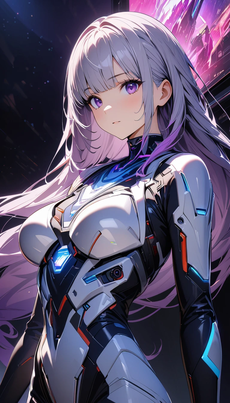 Complex 3D rendering ,A mechanical woman with a beautiful porcelain figure,Two girls standing back to back looking at the viewer,Inji , Purple Hair,Purple eyes,Very long hair,Grey Hair,Double Knit,Gradient Hair, cyborg, Integrated Circuit Components, Rim Light, Vivid details, Luxury Cyberpunk, race, Super practical, anatomy, Cable Wire, Microchip, elegant, Beautiful starry sky background, Octane Rendering, h. R. Fixture Style, 8k, Highest quality, masterpiece, figure, Very delicate and beautiful, Very detailed ,CG ,Unity ,wallpaper, Amazing, The finer details, Silver Lead