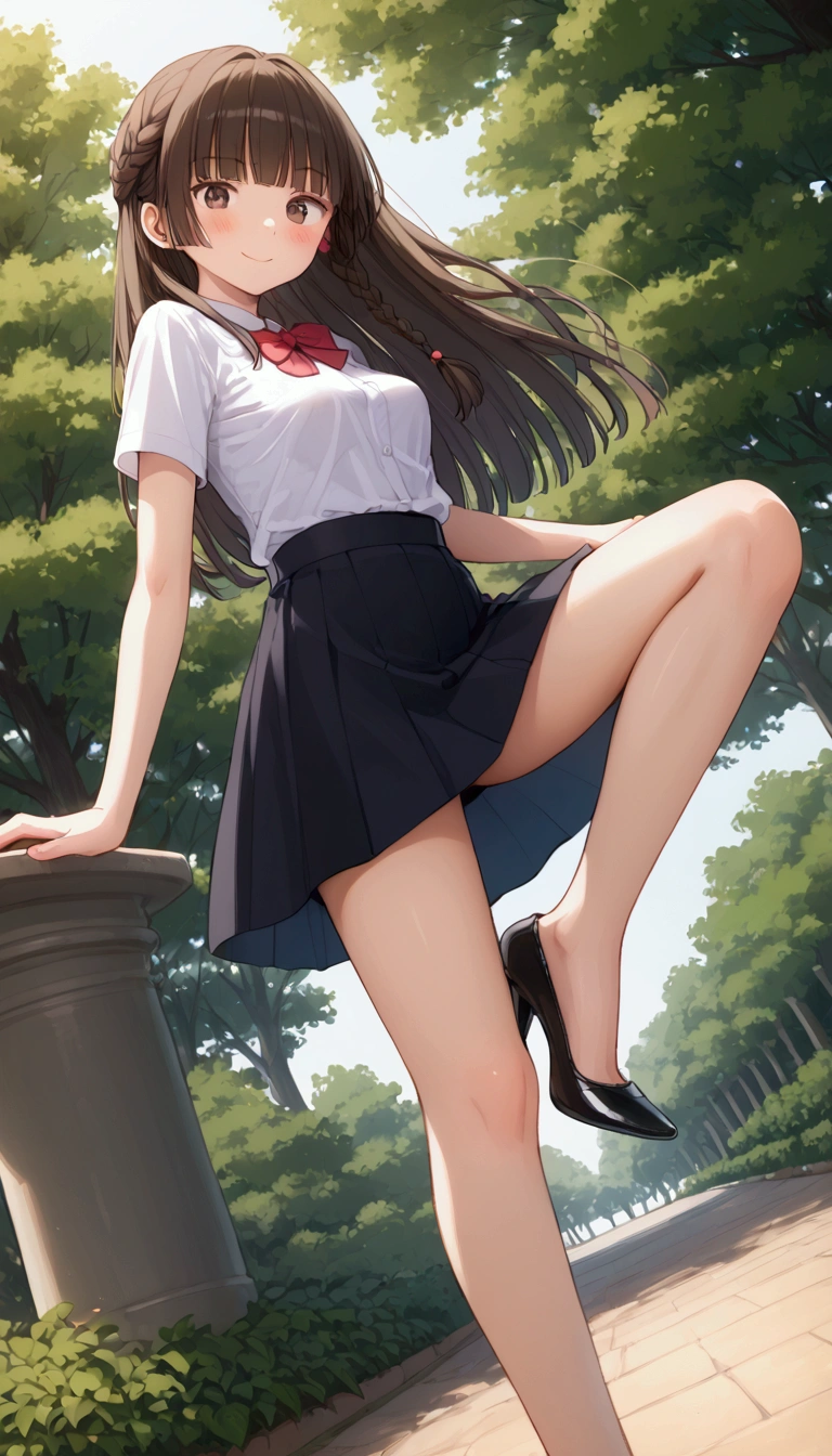 {Highest quality}, {Super beautiful},{Ultra fine},{Best illustration},Brown Hair,Hime cut,long hair,Braid,One woman,Standing Woman,Strike a pose,smile,smilingly,suit,White Shirt,Short sleeve,Long black skirt,at the park,Blushing,Slender,Black stiletto heels,barefoot,One leg up,From an angle,from the front