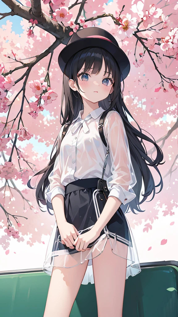 naked　NSFW　Long Hair　Black Hair　Toddler girl　5 years old　(A look at a see-through blouse)　(See through the see-through skirt)　Cherry tree in full bloom 　Elementary school student, shot from below　No pants　school bag　((Standing on the train))　black school hat