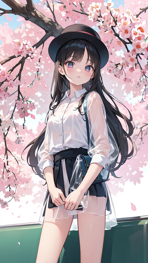 naked　NSFW　Long Hair　Black Hair　Toddler girl　5 years old　(A look at a see-through blouse)　(See through the see-through skirt)　Cherry tree in full bloom 　Elementary school student, shot from below　No pants　school bag　((Standing on the train))　black school hat