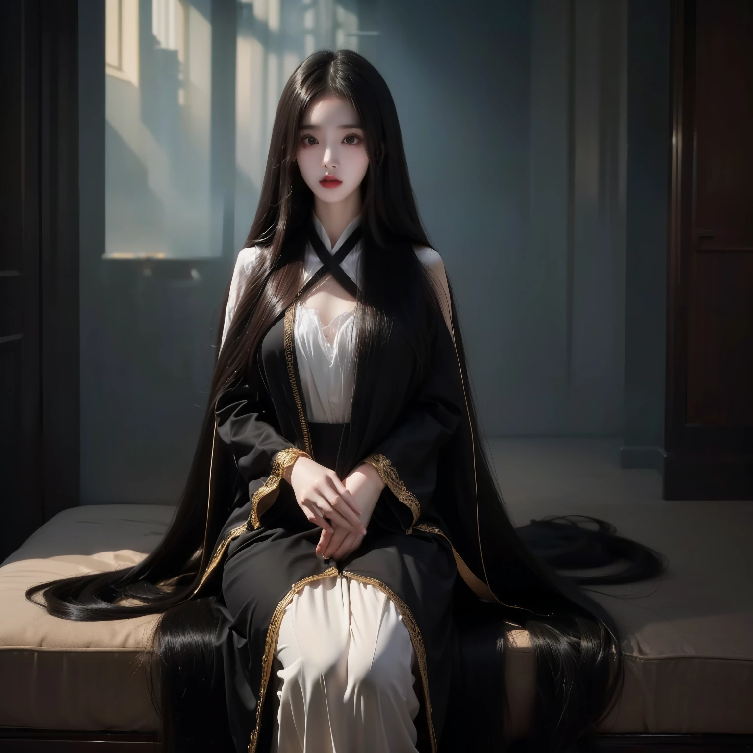 (Best image quality、best quality、highest resolution、surreal photo、full body photo、masterpiece、）one girl、Long black hair as long as 3 meters、Her long hair covers her body and all you can see is her face..