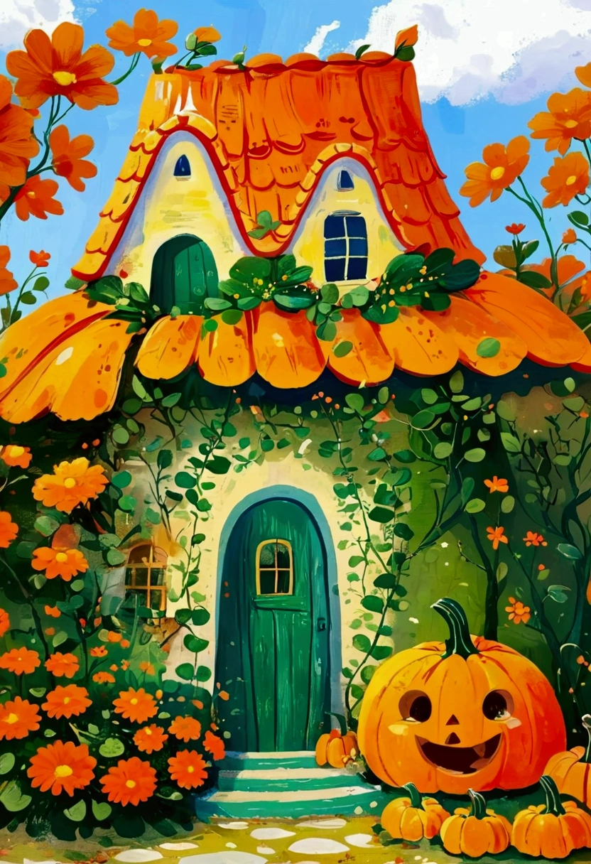 There is a painting，There is a pumpkin house in the painting，The door is green, Storybook illustration，author：Nil Gleyen, shutter, Childish Art, Full color illustrations, Pumpkin Farm Background, Whimsical Art, autumn, Florist, Hut, 2 5 6 x 2 5 6, 256x256, 森林里的女巫Hut