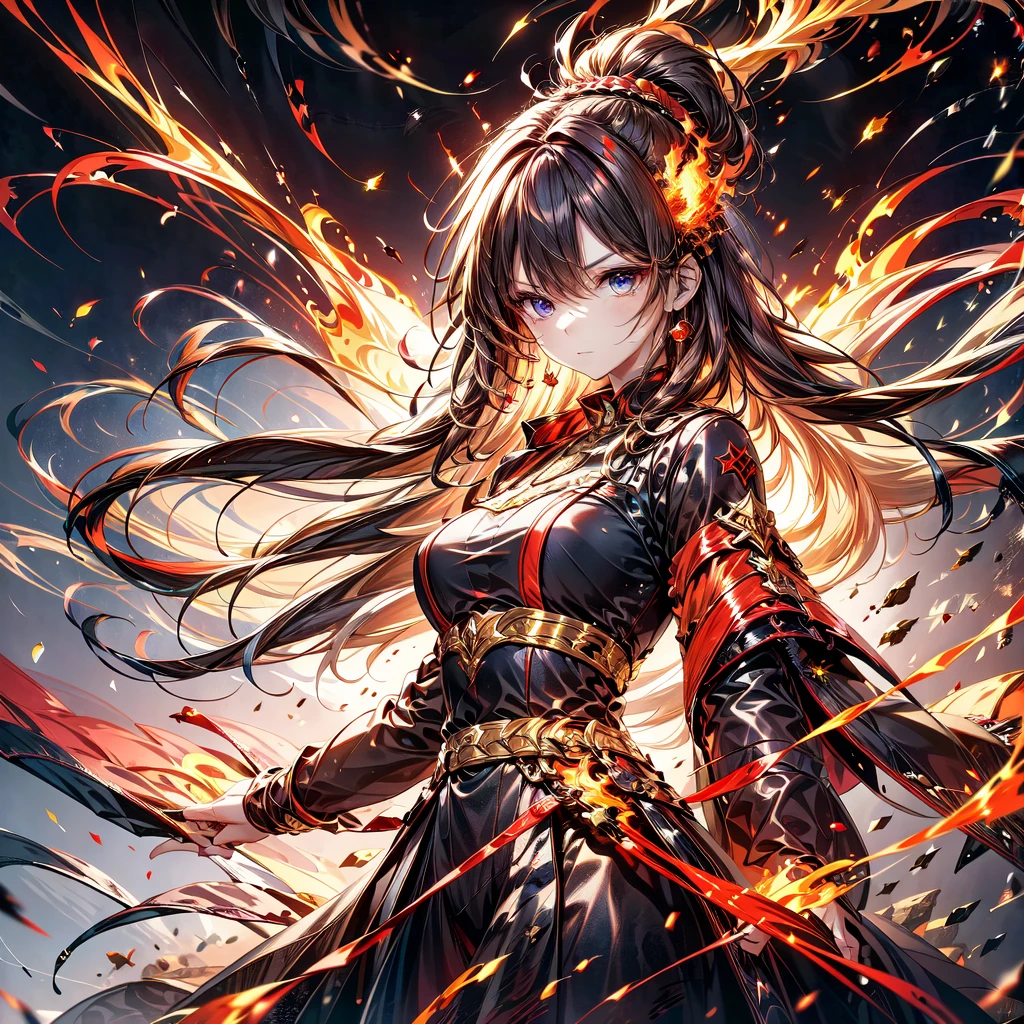 1girl,(((Highest quality、Masterpiece、Official Art、Super detailed、The best dynamic composition、Perfect Anatomy)))、Anime Style、Incarnation of Fire、Girl on Fire、He is accompanied by a fire dragon.、Fractal art of flames、Award-winning works、Holding a fireball in his hand、Serious face、Combat Ready、Cool pose、blow up from below🔥、Gray Hair、