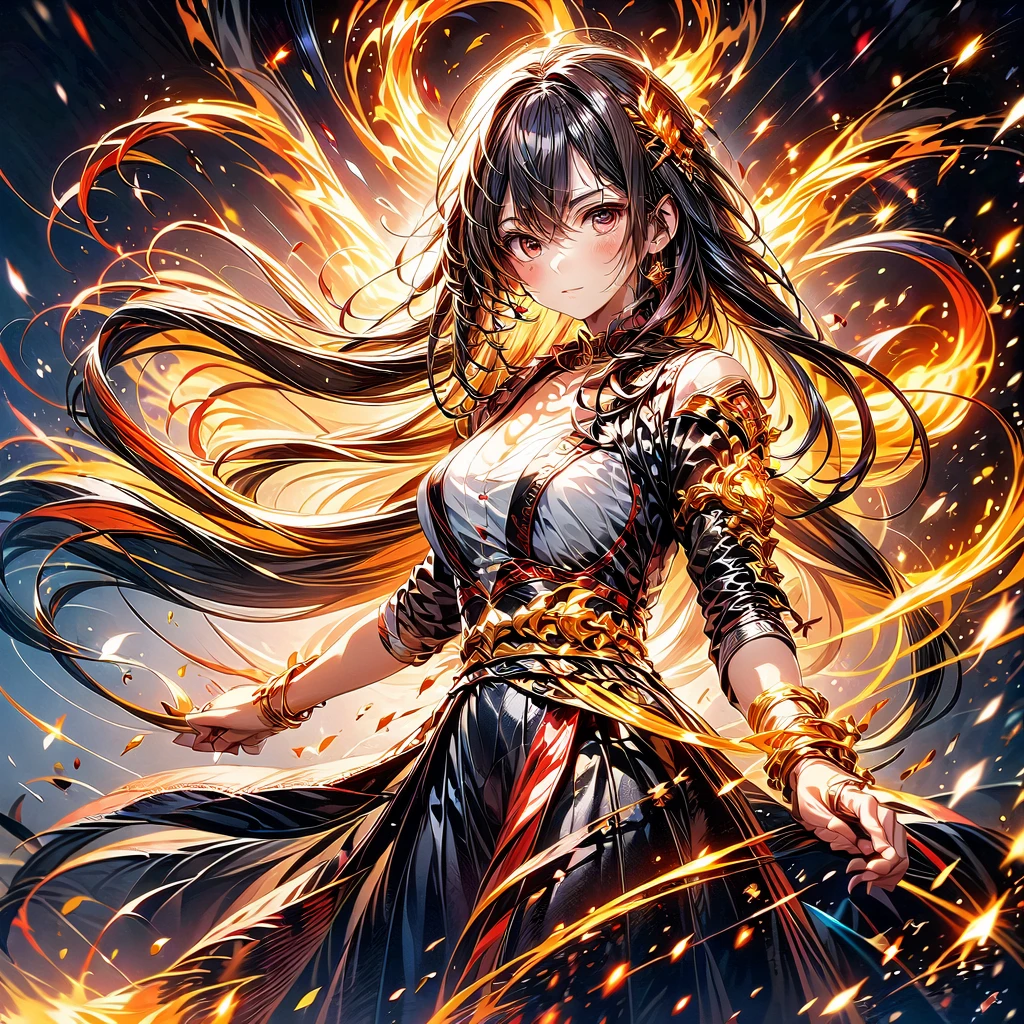 1girl,(((Highest quality、Masterpiece、Official Art、Super detailed、The best dynamic composition、Perfect Anatomy)))、Anime Style、Incarnation of Fire、Girl on Fire、He is accompanied by a fire dragon.、Fractal art of flames、Award-winning works、Holding a fireball in his hand、Serious face、Combat Ready、Cool pose、blow up from below🔥、Gray Hair、