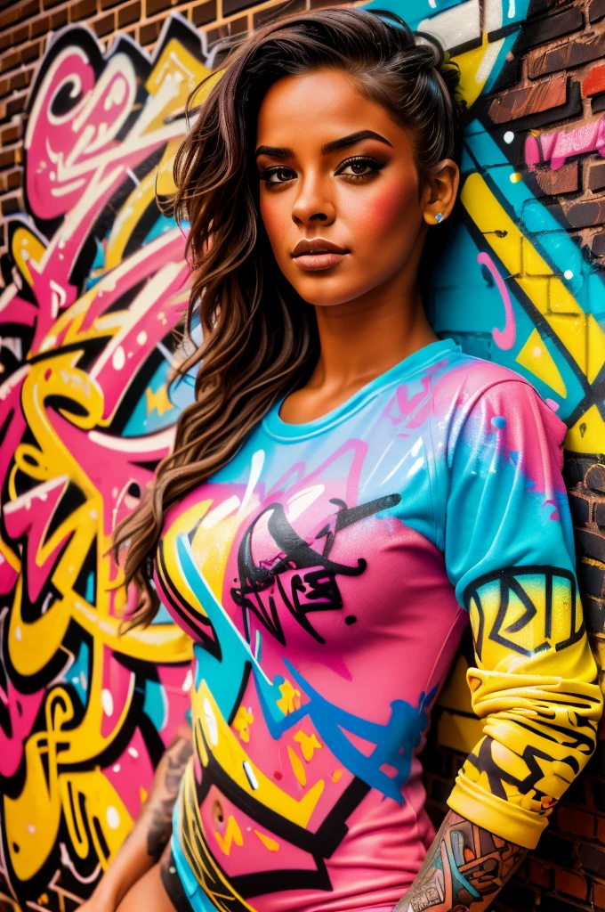 (best quality), (high detail), (vivid colors), (Highly detailed), (graffiti style), (freestyle), (Close up), (1girl), young sexy female 25 year old girl, big , tight top, posing in front of a brick wall painted with street art, HDR, 8K, 3D, graffiti art style.  Nsfw, graffiti bodypainting