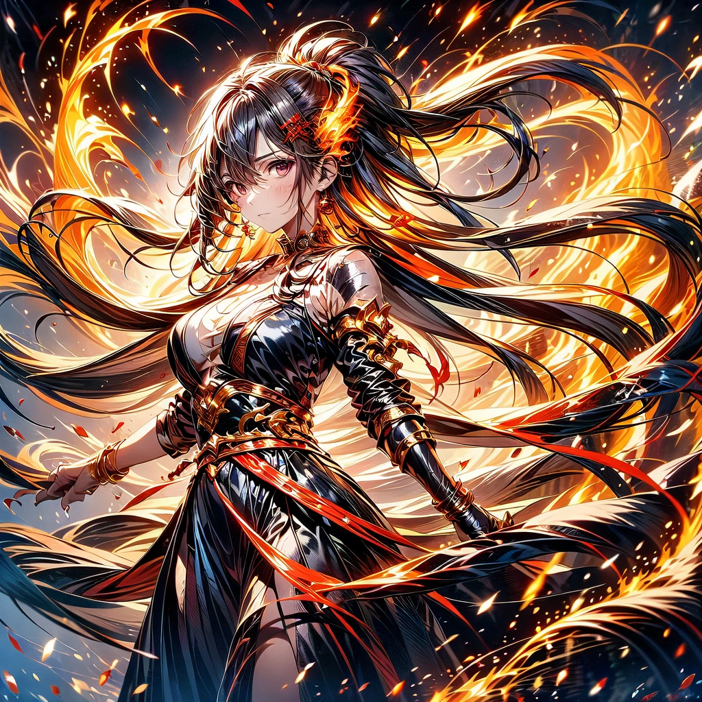 1girl,(((Highest quality、Masterpiece、Official Art、Super detailed、The best dynamic composition、Perfect Anatomy)))、Anime Style、Incarnation of Fire、Girl on Fire、He is accompanied by a fire dragon.、Fractal art of flames、Award-winning works、Holding a fireball in his hand、Serious face、Combat Ready、Cool pose、blow up from below🔥、Gray Hair、