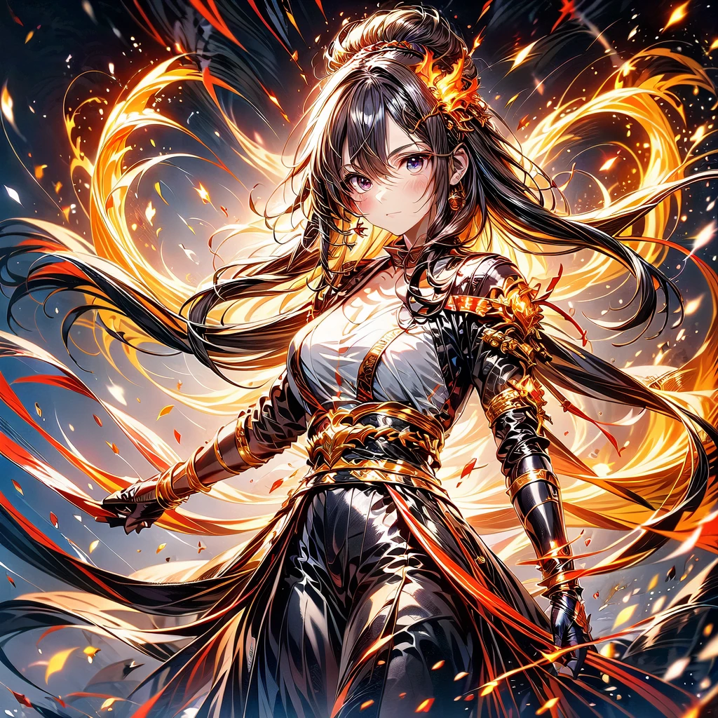 1girl,(((Highest quality、Masterpiece、Official Art、Super detailed、The best dynamic composition、Perfect Anatomy)))、Anime Style、Incarnation of Fire、Girl on Fire、He is accompanied by a fire dragon.、Fractal art of flames、Award-winning works、Holding a fireball in his hand、Serious face、Combat Ready、Cool pose、blow up from below🔥、Gray Hair、