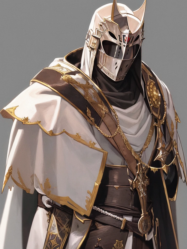 (masterpiece), (best quality),(portrait),1boy,solo,(sharp focus),((knight templar)),Crusader,((ancient)),fantasy,mask,white cloak,fantasy art,neocrusader,wide view,((simple background)),(gray background),