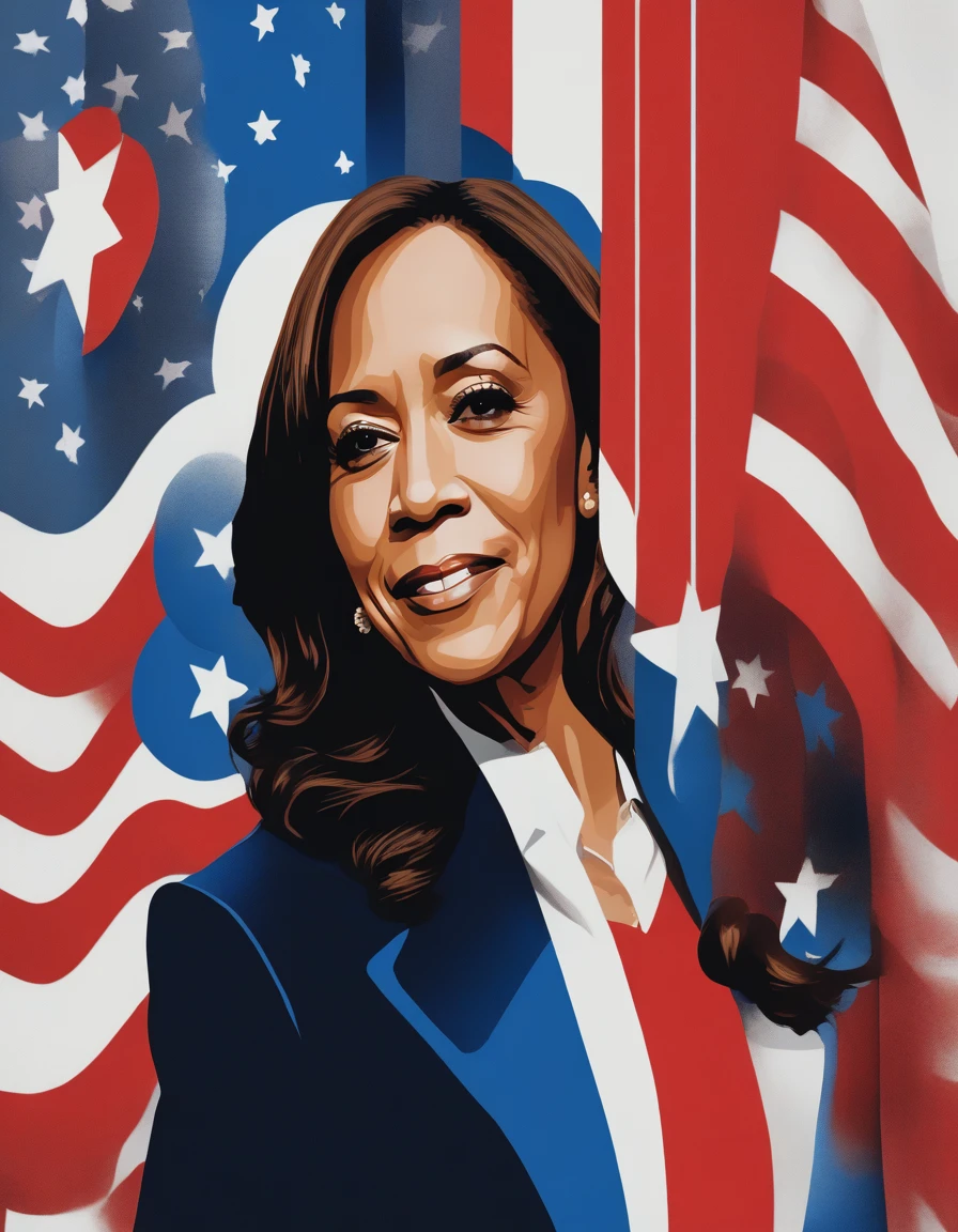 portrait of Kamala Harris celebrity using simple shapes and a red white blue scale limited color palette multiple figures social realism
