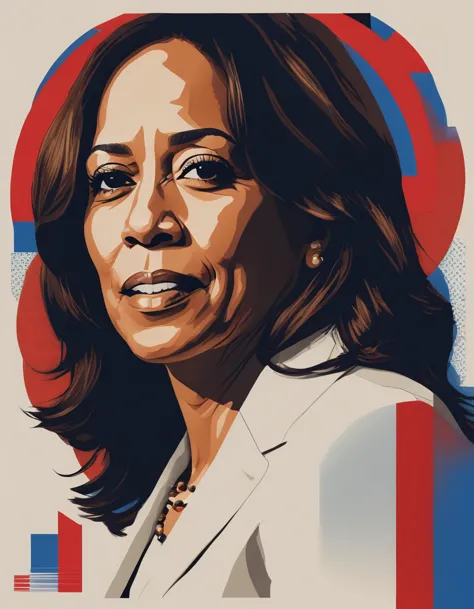 portrait of kamala harris celebrity using simple shapes and a red white blue scale limited color palette multiple figures social...