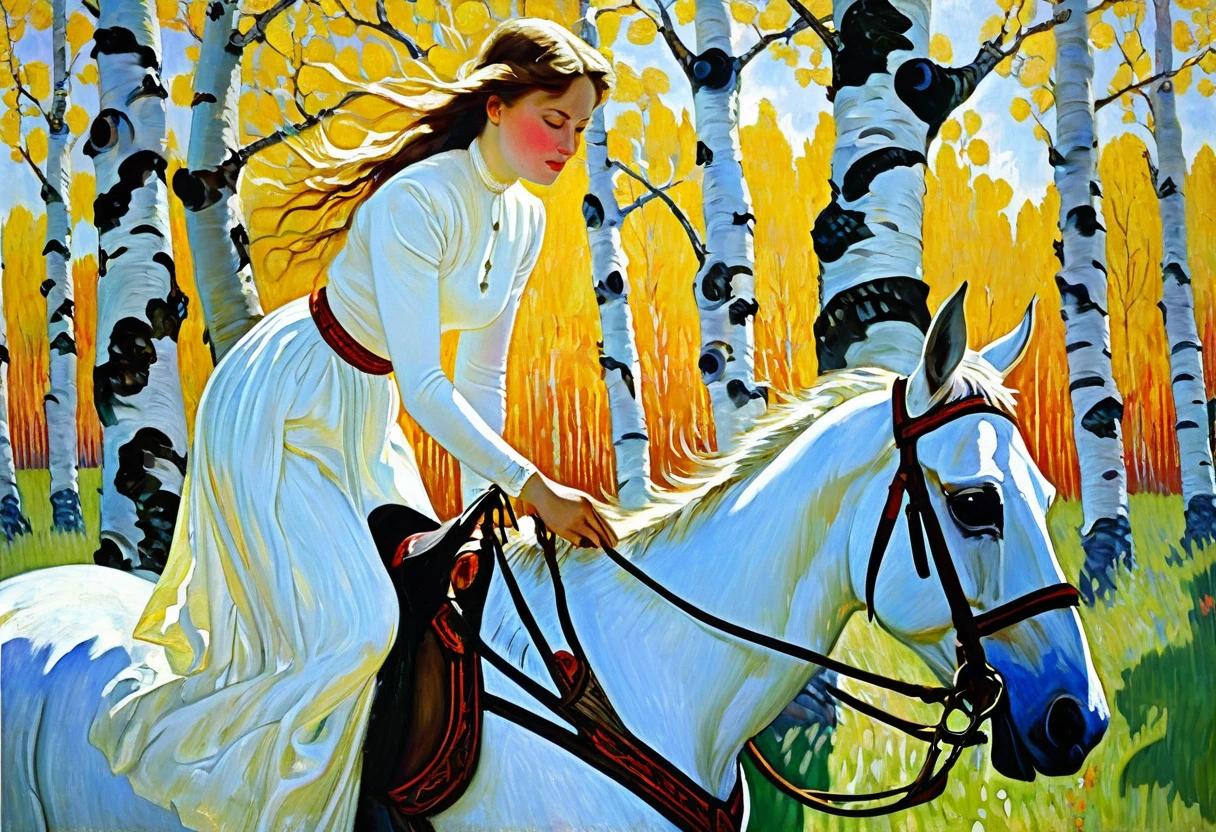 close-up painting "Woman on Horseback in a Birch Grove", Nikolai Bogdanov-Belsky, Stanislav Zhukovsky, Illarion Pryanishnikov, Ilya Glazunov, Vasily Maximov, Mikhail Nesterov, Russian academic painting, Konstantin Zapadnikov, Russian Impressionism, Boris Kustodiev, Nikolai Ge