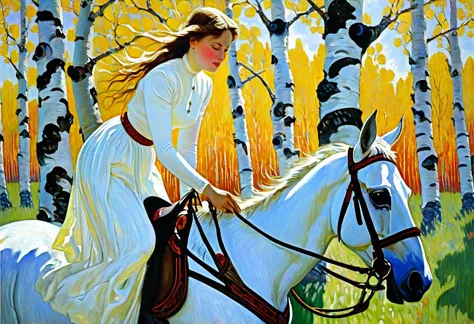 close-up painting "Woman on Horseback in a Birch Grove", Nikolai Bogdanov-Belsky, Stanislav Zhukovsky, Illarion Pryanishnikov, I...