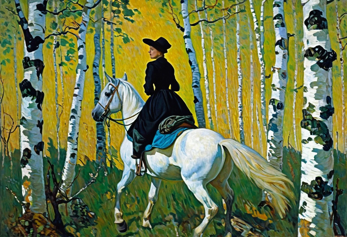 close-up painting "Woman on Horseback in a Birch Grove", Nikolai Bogdanov-Belsky, Stanislav Zhukovsky, Illarion Pryanishnikov, Ilya Glazunov, Vasily Maximov, Mikhail Nesterov, Russian academic painting, Konstantin Zapadnikov, Russian Impressionism, Boris Kustodiev, Nikolai Ge