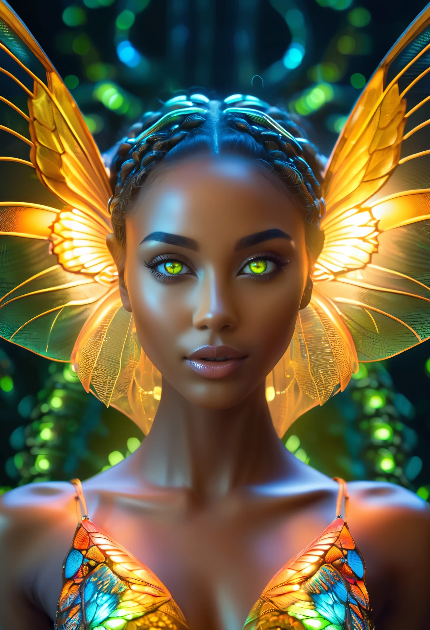 1 beautiful female alien girl emerging from a cocoon, detailed beautiful face like cute girl and body, from back, (glowing eyes, glowing skin:1.5), intricate organic details, translucent wings, symmetrical face, ethereal lighting, cinematic, vibrant colors, digital art, highly detailed, 8k, photorealistic, whole body, Floating in the air