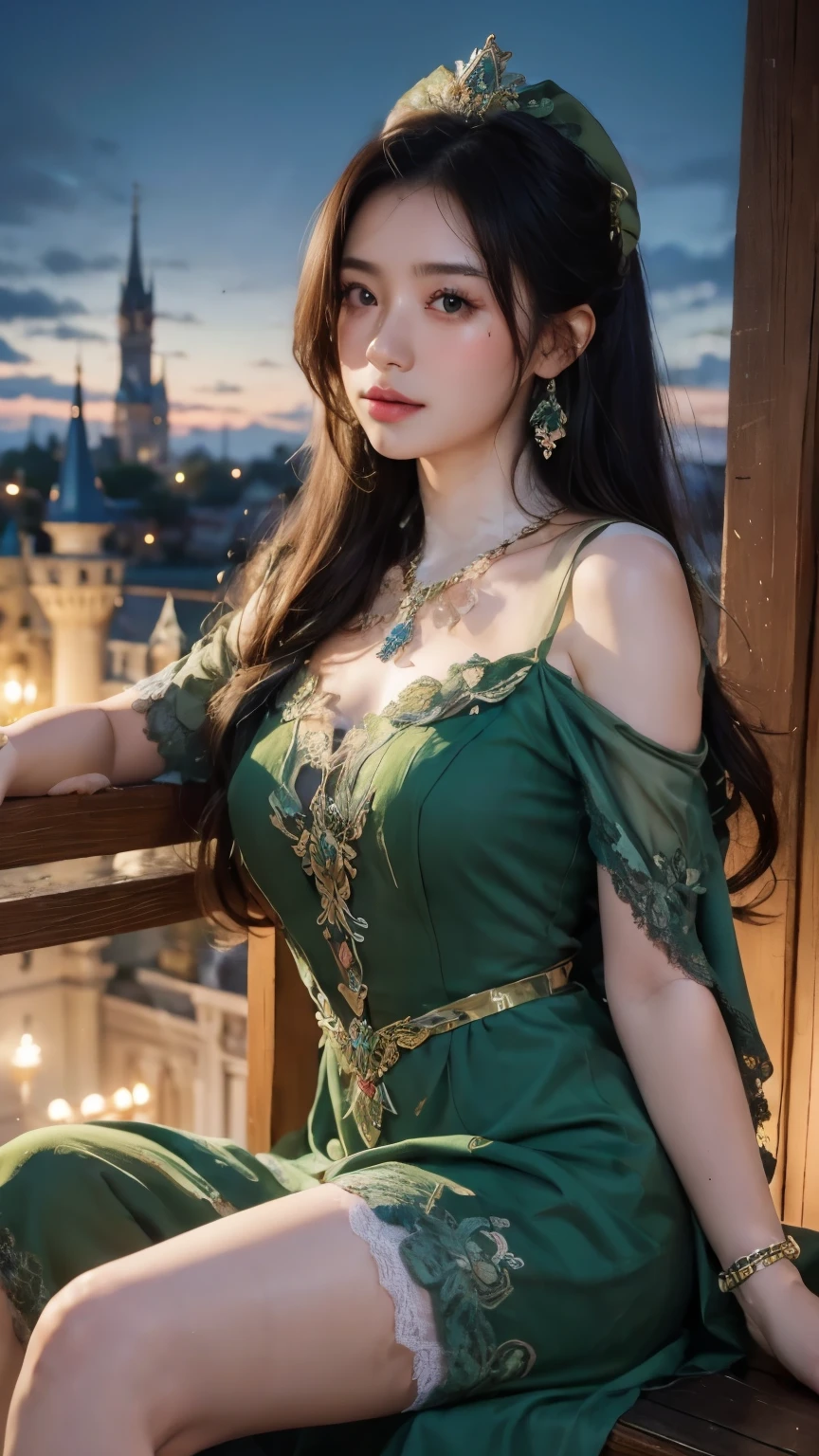 8k, Ultra HD, masterpiece, realistic, 1 girl, nice face, smog makeup, very long hair, Princess hairstyle, detailed eyes, detailed lips, middle picture, very detailed dress, (Green dress:1.5), (epaulettes:1.5), (race:1.5), (그water 스타킹:1), (bijouterie:1.8), ((disney castle)), night sky, water, bloom lighting, night light, darkness, seat,