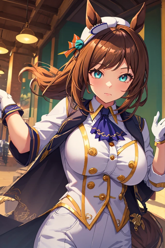 de la máxima calidad, obra maestra, Alta resolución,alone, 1 chica, (Caballo grande,\(Uma Musume\)), orejas de caballo, cola de caballo, tiene,chaqueta blanca, fular, capa, guantes de una mano, guantes blancos, bermudas, (medio pecho),