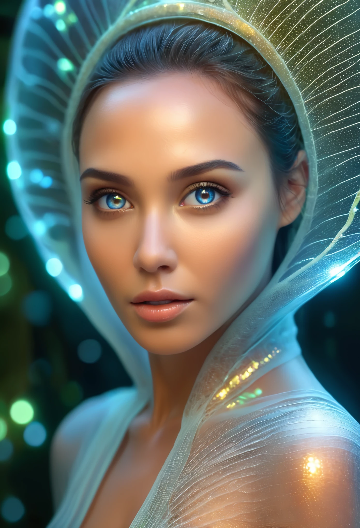 1 belle extraterrestre féminine émergeant d'un cocon, beau visage détaillé comme une jolie fille et un corps, De dos, (yeux brillants, peau brillante:1.5), détails organiques complexes, ailes translucides, visage symétrique, éclairage éthéré, Cinématique, couleurs vives, art numérique, très détaillé, 8k, Photoréaliste, tout le corps, Flottant dans les airs