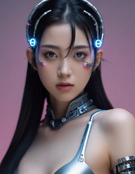 A breathtaking 4K photo-realistic image of a cyberpunk shinobi demi-human girl with an Asian face, adorned with intricate machin...