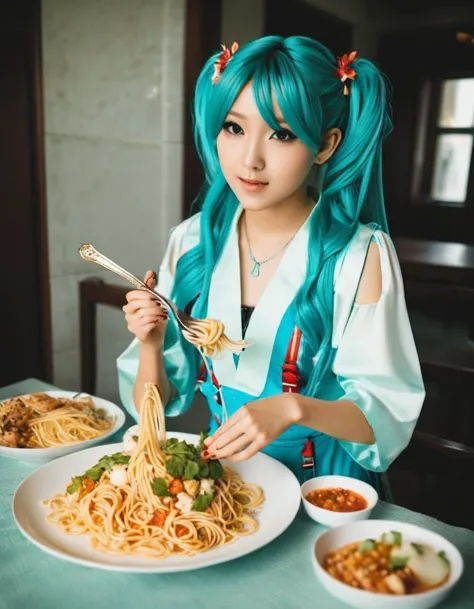 a real-life, live-action asian hatsune miku eating spaghetti