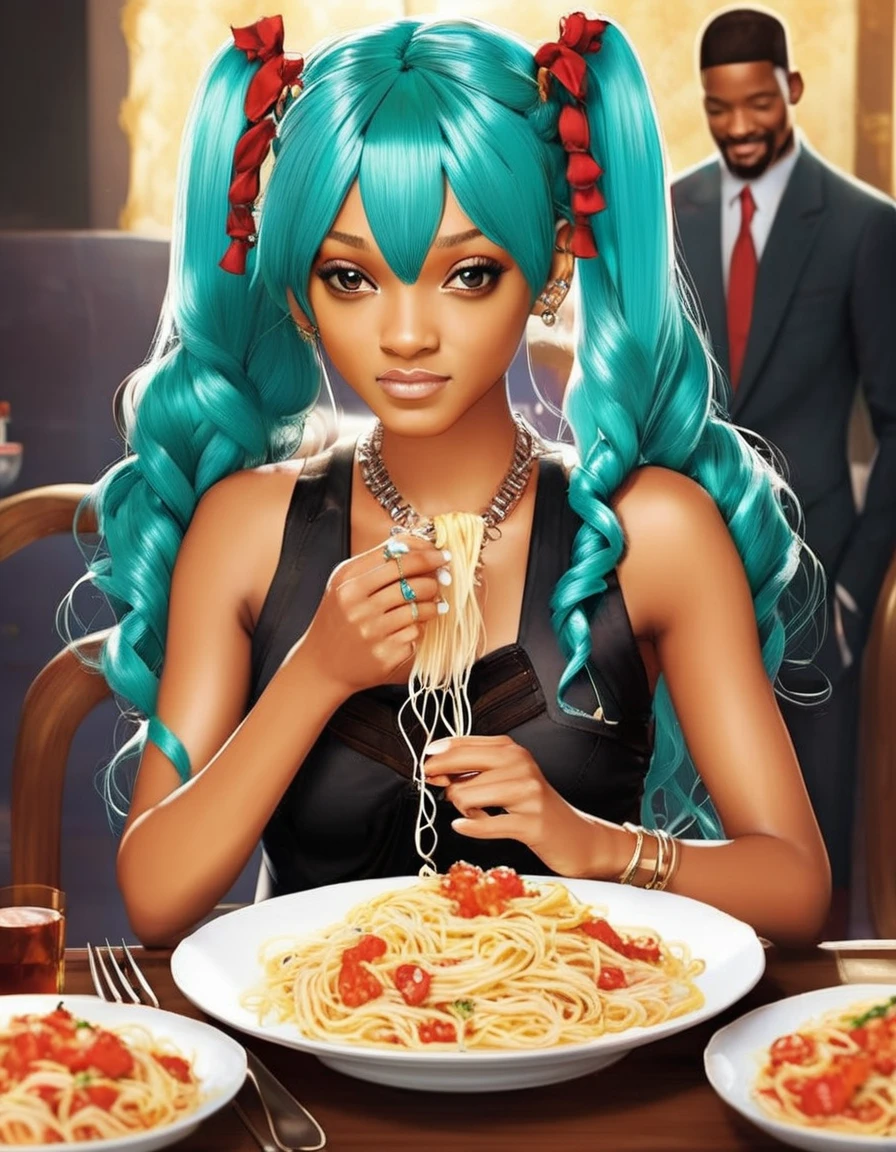 Will Smith with a very handsome Hatsune Miku hairstyle eating spaghetti