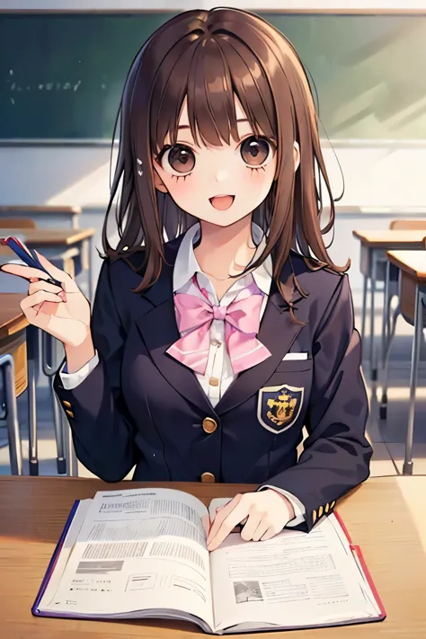 beautiful cute girl,((brown hair:1.2)),(medium wave hair:1.1),(beige eyes:1.2),(princess:1.1),(student uniform:1.25),(uniform bl...