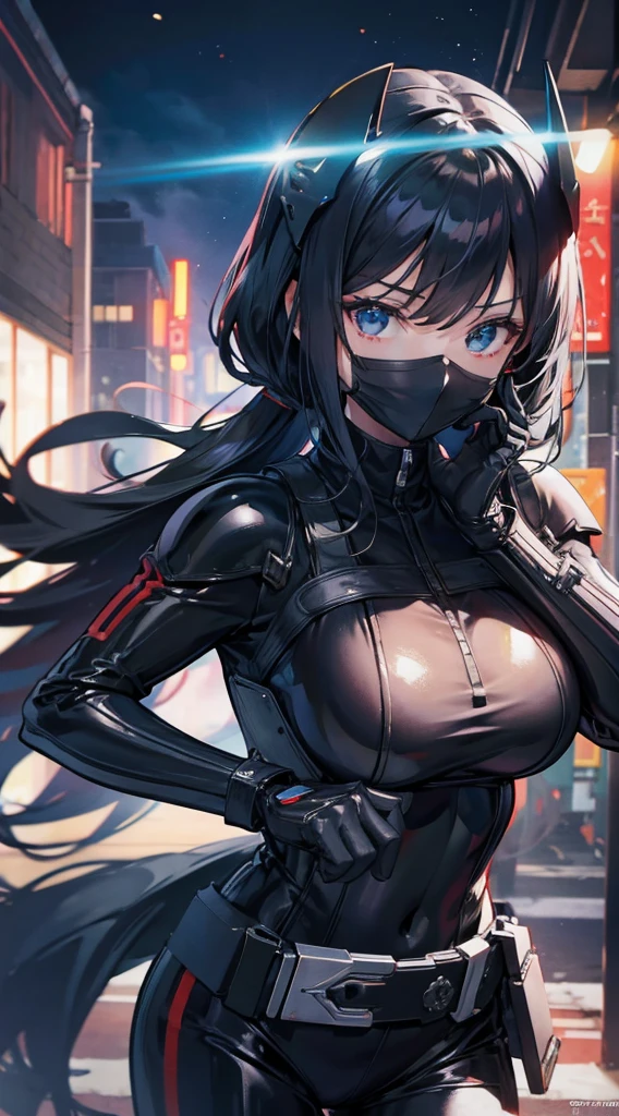 Armored Girl，mask，Mask，眼罩Maskmask覆盖式mask，Covered helmet，Space helmet，全覆盖Mask，宇航Mask，科幻Mask，击剑Mask，遮住面部的Mask，Sci-fi style，Mechanical belt，Mechanical belt，kamen rider，Urban Background，Big breasts，Large Breasts，Bodysuit style，黑色Bodysuit style，Armor style，Armed style，Blue vs Black vs White