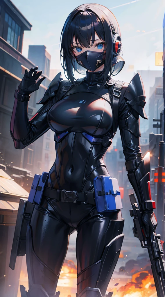 Armored Girl，mask，Mask，眼罩Maskmask覆盖式mask，Covered helmet，Space helmet，全覆盖Mask，宇航Mask，科幻Mask，击剑Mask，遮住面部的Mask，Sci-fi style，Mechanical belt，Mechanical belt，kamen rider，Urban Background，Big breasts，Large Breasts，Bodysuit style，黑色Bodysuit style，Armor style，Armed style，Blue vs Black vs White