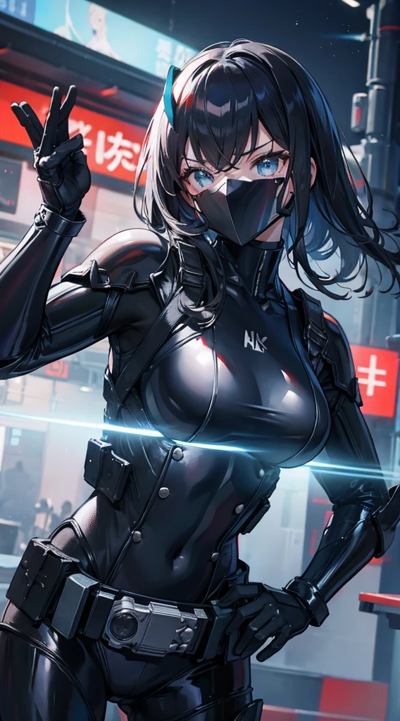 Armored Girl，mask，Mask，眼罩Maskmask覆盖式mask，Covered helmet，Space helmet，全覆盖Mask，宇航Mask，科幻Mask，击剑Mask，遮住面部的Mask，Sci-fi style，Mechanical belt，Mechanical belt，kamen rider，Urban Background，Big breasts，Large Breasts，Bodysuit style，黑色Bodysuit style，Armor style，Armed style，Blue vs Black vs White