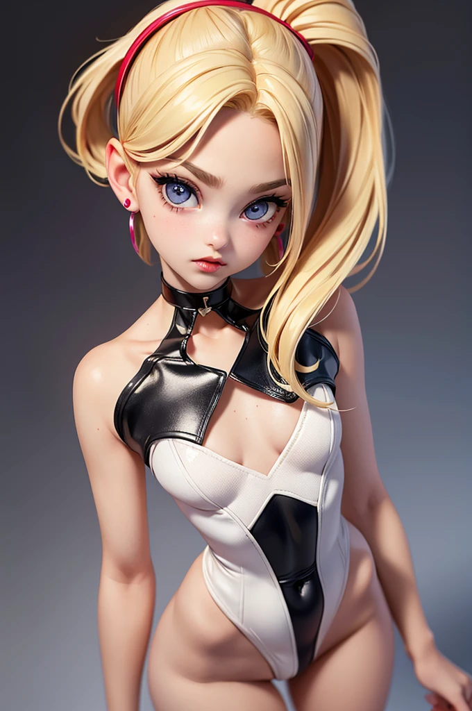 hyperrealistic 14 year old american teen, blonde, perfect tiny body, sexy, dark makeup, small choker, perfect slim face, big red lips, very cute face, tiny body, big eyes, young looking, childish looking, big earrings, full body, leotard