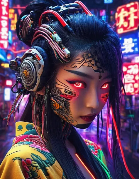 high technology, futuristic, cyborg girl, (photorealistic:1.4), long hair made of cables, robotic, lots of computer cables in th...