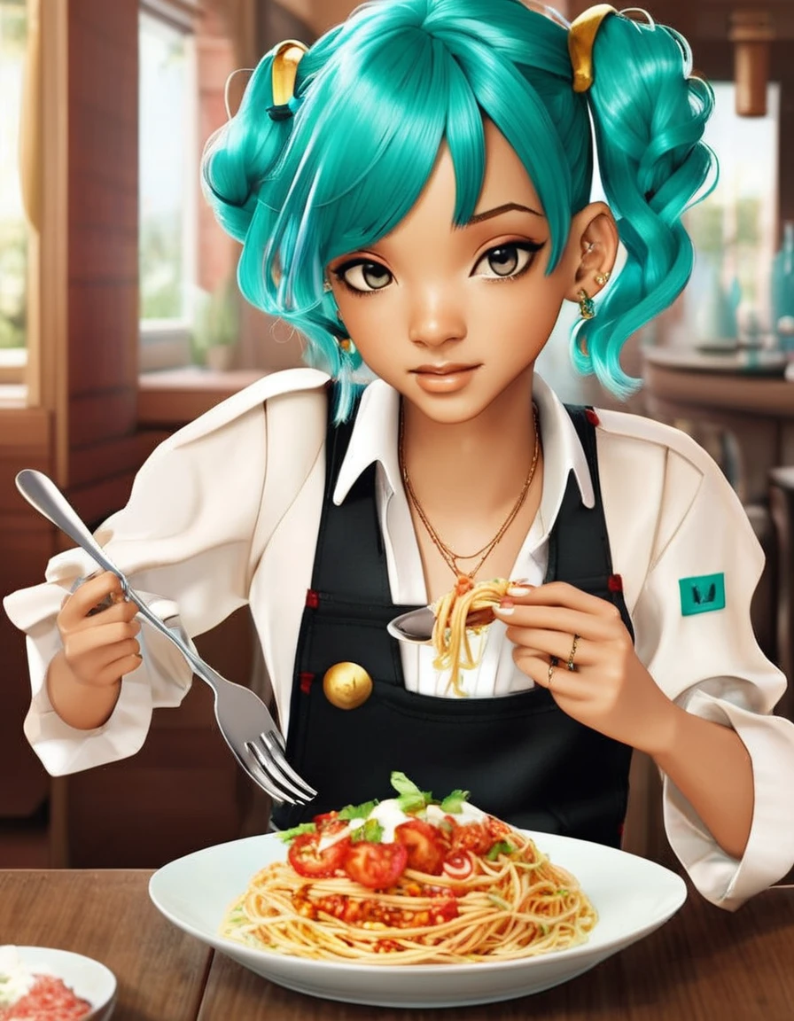 Will Smith with a very handsome Hatsune Miku hairstyle eating spaghetti