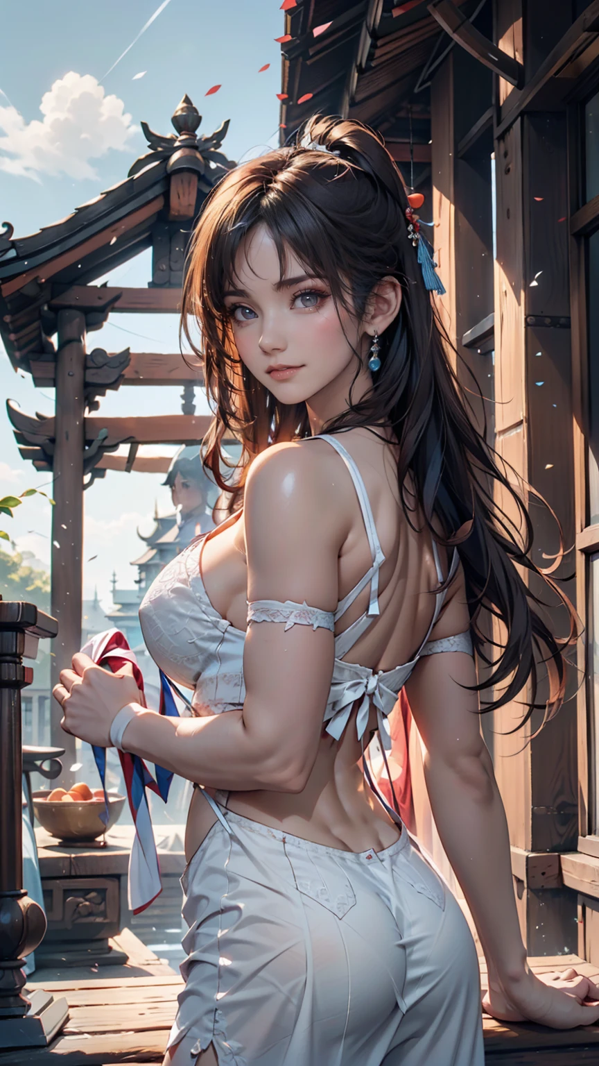 {{masterpiece, Highest quality, Highly detailed CG, unity 8k wallpaper, Cinema Lighting}}, Traditional Chinese Ink Painting, One girl, 1 Baby, Young woman holding baby, whole body, ancient architecture, blue sky, sunny day, wooden building, Famous protagonists, smile, Big eyes, Beautiful attention to detail, (Big Breasts, Cleavage), Round ass, Looking at the audience, Long eyelashes,