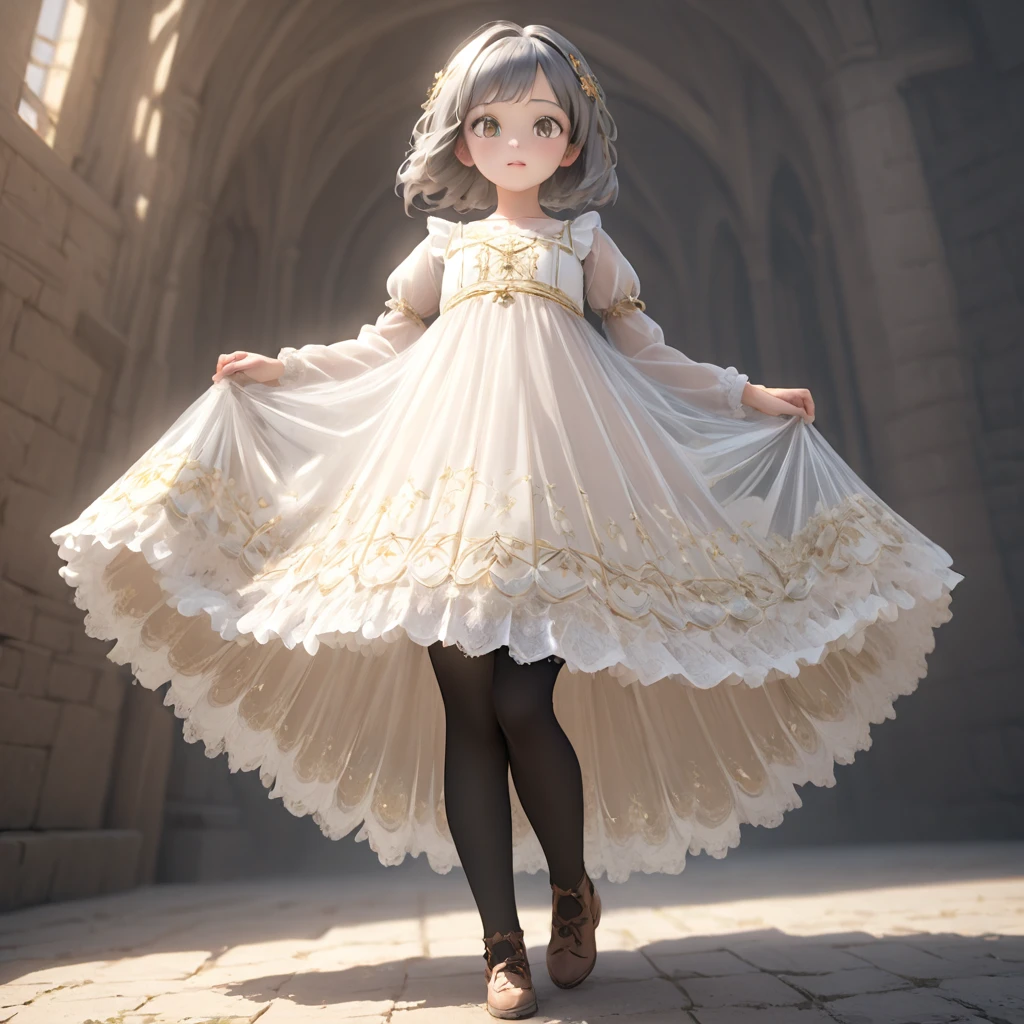 (Highly detailed CG Octane render 8k wallpaper), 8 year old girl underwear, You can see the real bloomers made of cotton fabric., Medieval translucent long dress with panniers, Fabric Realism, Low Angle,  Pull up the dress by hand, Strong winds, Translucent slip, Translucent slip, tights, Highest quality, whole body, I can see your thighs, Silver and gold embroidery