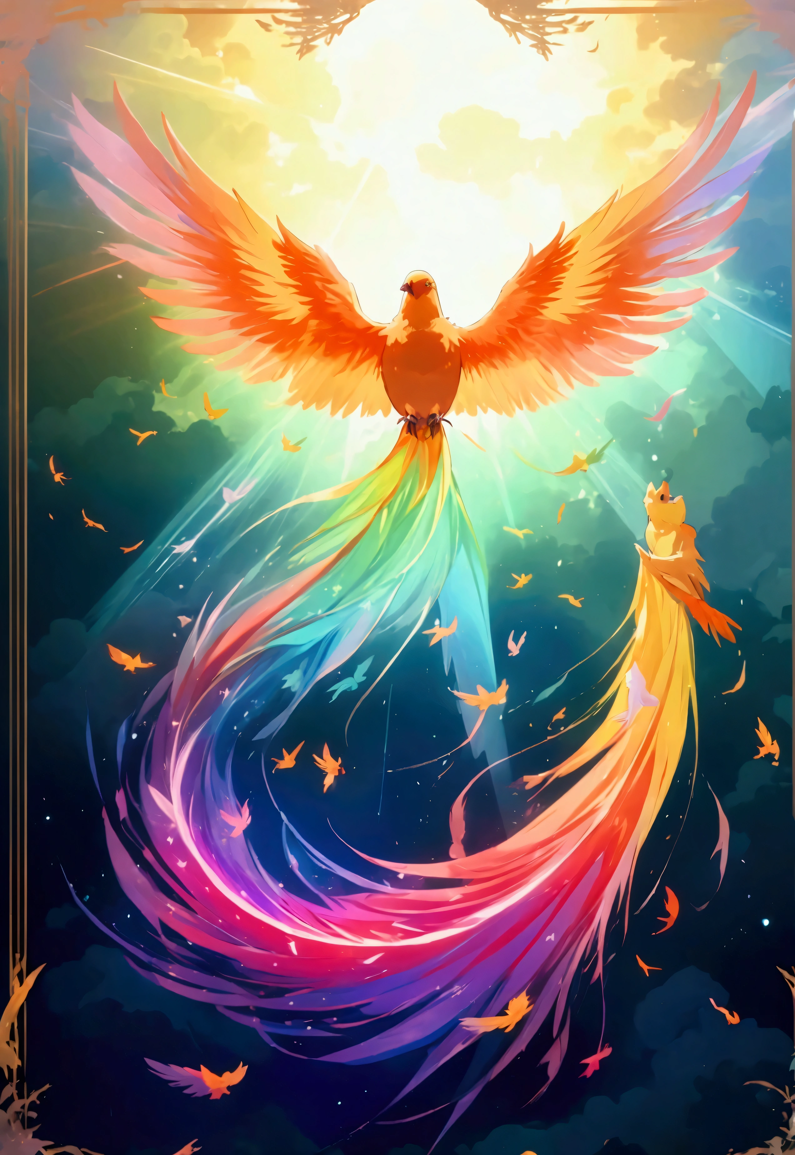 
anime、デジタルanimeアート、Flat Design,(masterpiece:1.2)、high quality、High resolution、Very detailed、(Amazingly absurd:1.2)、break,Bird with rainbow feathers、Colorful background、Beautiful light effects、Fantastic landscape