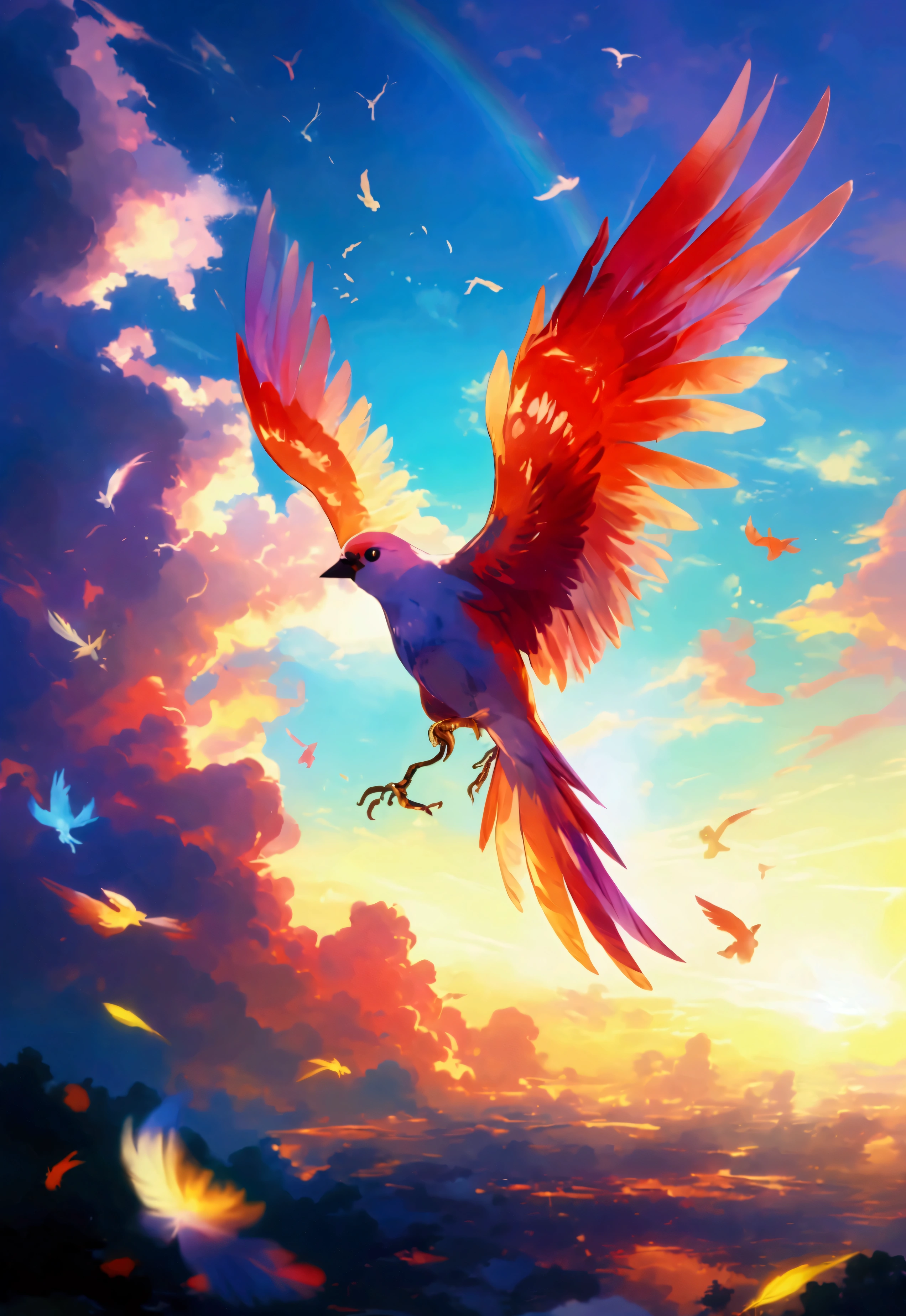 
anime、デジタルanimeアート、Flat Design,(masterpiece:1.2)、high quality、High resolution、Very detailed、(Amazingly absurd:1.2)、break,Bird with rainbow feathers、Colorful background、Beautiful light effects、Fantastic landscape