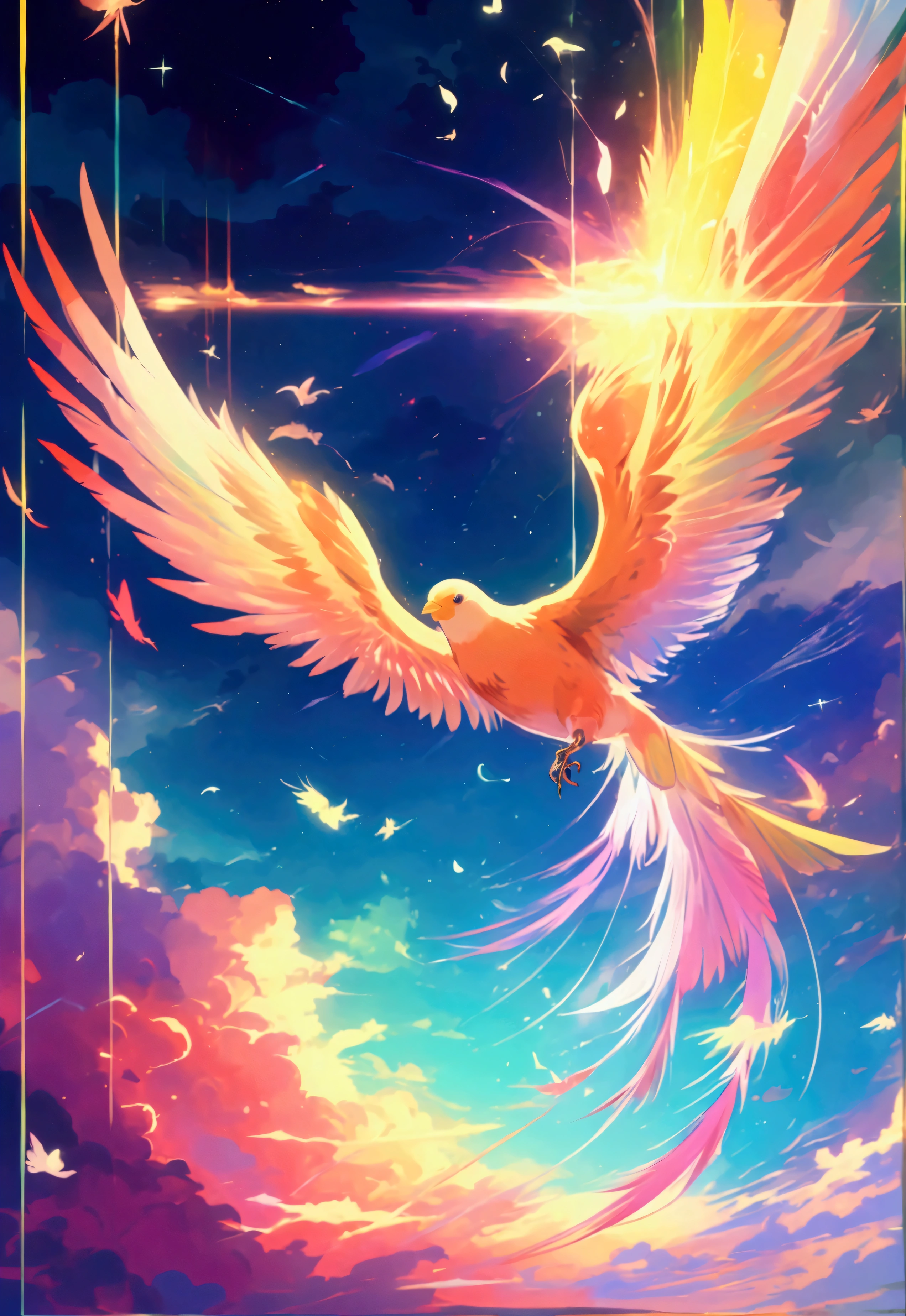 
anime、デジタルanimeアート、Flat Design,(masterpiece:1.2)、high quality、High resolution、Very detailed、(Amazingly absurd:1.2)、break,Bird with rainbow feathers、Colorful background、Beautiful light effects、Fantastic landscape