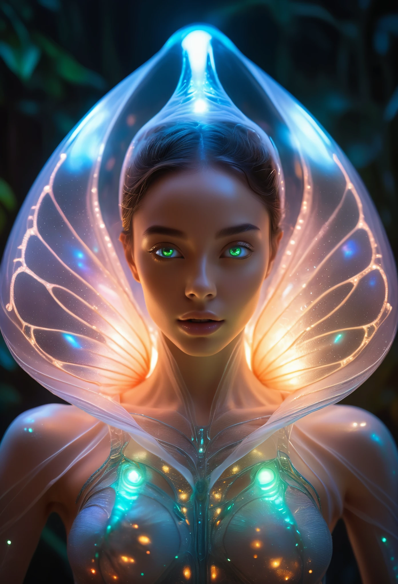 1 beautiful female alien girl emerging from a cocoon, detailed beautiful face like cute girl and body, from back, (glowing eyes, glowing skin:1.5), intricate organic details, translucent wings, symmetrical face, ethereal lighting, cinematic, vibrant colors, digital art, highly detailed, 8k, photorealistic, whole body, Floating in the air