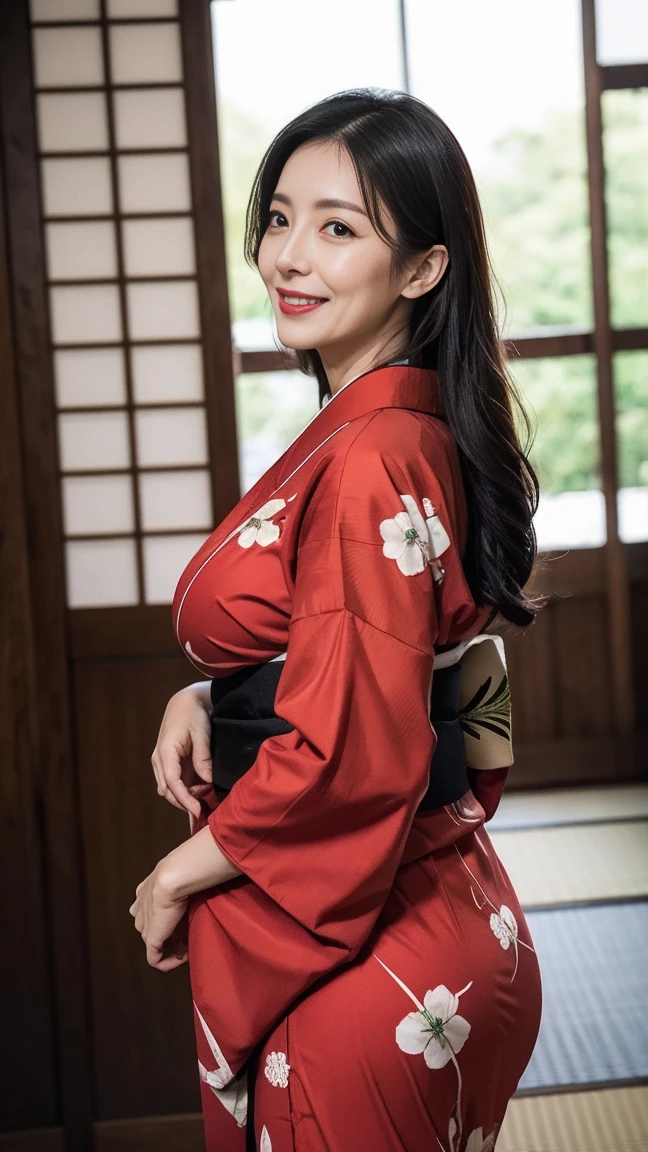 Mature attractive sexy woman,50 years old, ((kimono)),((Brown))、(((kimono))),Shut,((Big Breasts:1.2)),(Facial wrinkles:1.3),light makeup,Light brown hair,Long Hair,(Full body photo:0.85),(Emphasize big buttocks),8k, RAW Photos, Highest quality, Laughter,masterpiece,Highest quality、A kind smile、A captivating gaze、Random Hairstyles、Japanese-style room、Shoji Screen、lanthanum、