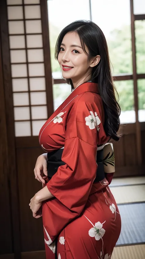 mature attractive sexy woman,50 years old, ((kimono)),((brown))、(((kimono))),shut,((big breasts:1.2)),(facial wrinkles:1.3),ligh...