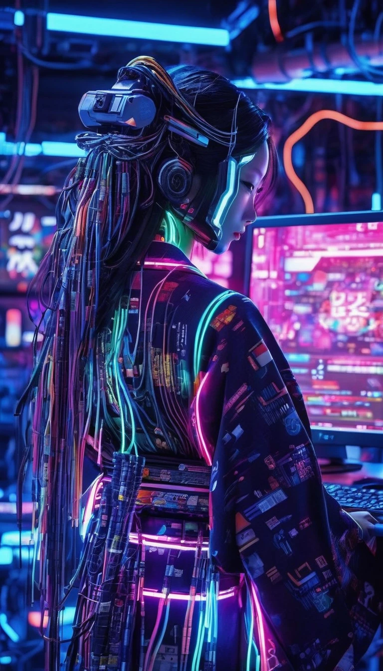 high tech, Futuristic, Only the scenery、No people、 (Realistic:1.4), Long hair made of cables, robot, In the background there are lots of computer cables, Ultra-high resolution, Ultra-high resolution, 8k, Neon Light, Japanese Culture, kimono, behind