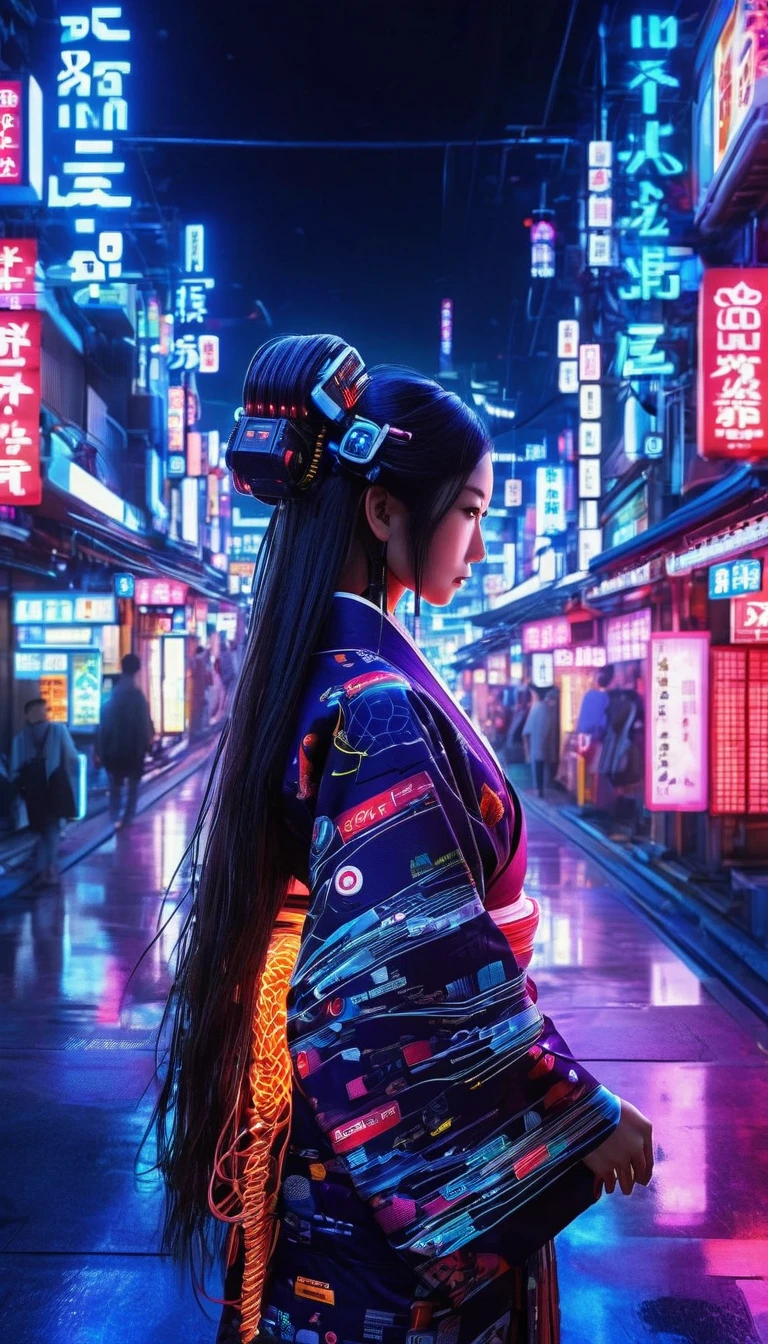 high tech, Futuristic, Only the scenery、No people、 (Realistic:1.4), Long hair made of cables, robot, In the background there are lots of computer cables, Ultra-high resolution, Ultra-high resolution, 8k, Neon Light, Japanese Culture, kimono, behind