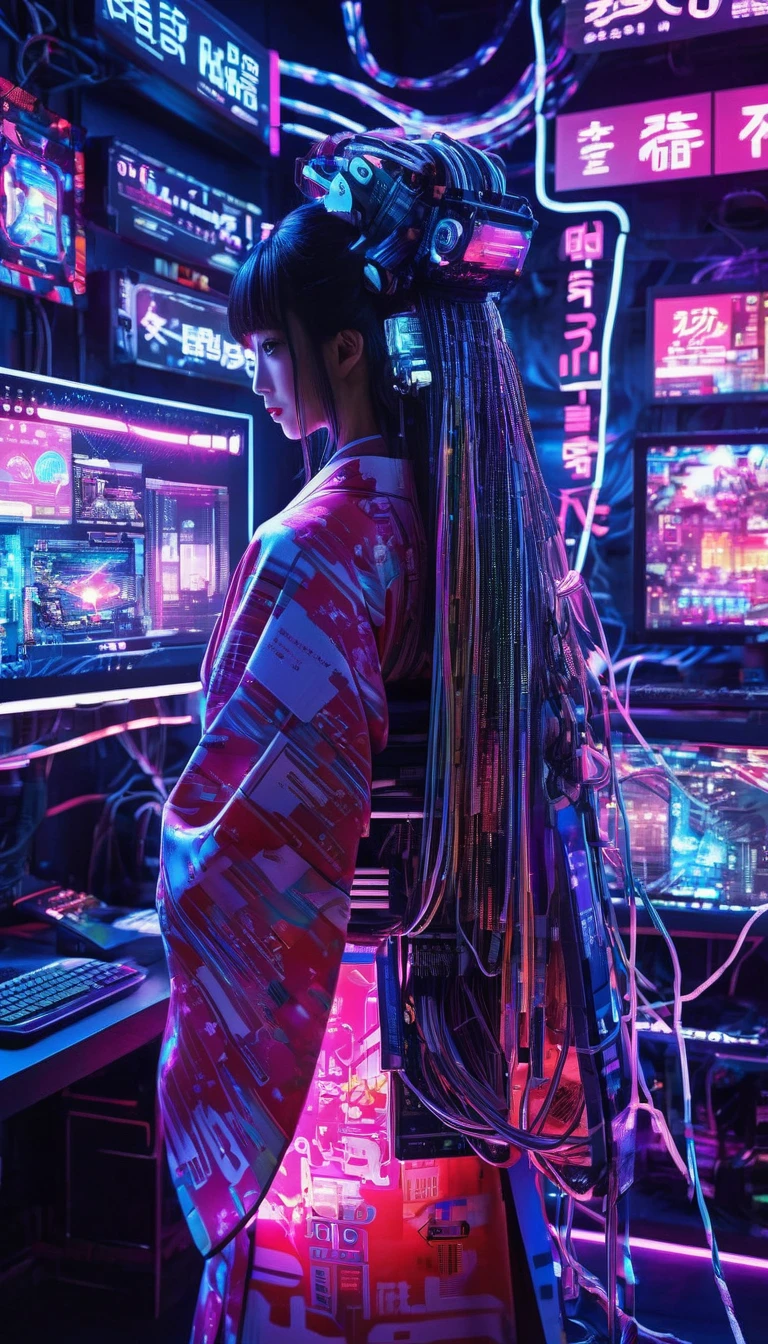 high tech, Futuristic, Only the scenery、No people、 (Realistic:1.4), Long hair made of cables, robot, In the background there are lots of computer cables, Ultra-high resolution, Ultra-high resolution, 8k, Neon Light, Japanese Culture, kimono, behind