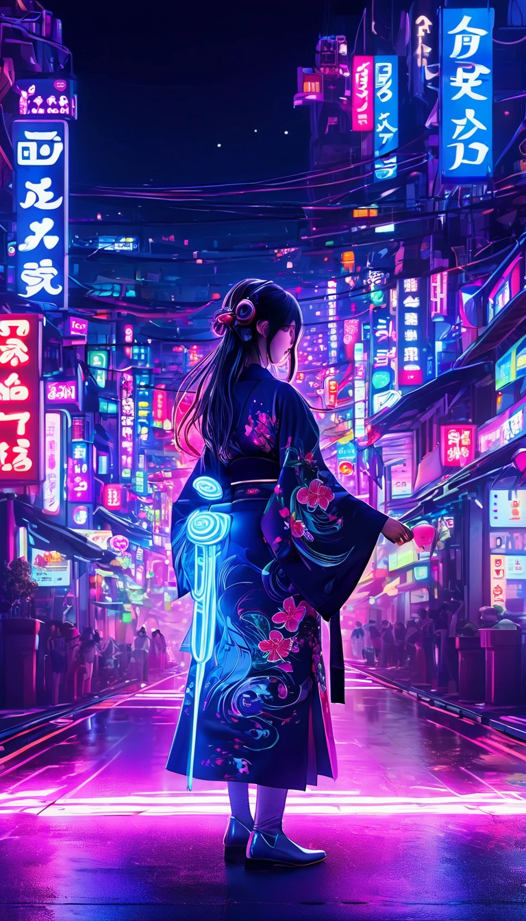 high tech, Futuristic, Only the scenery、No people、 (Realistic:1.4), Long hair made of cables, robot, In the background there are lots of computer cables, Ultra-high resolution, Ultra-high resolution, 8k, Neon Light, Japanese Culture, kimono, behind