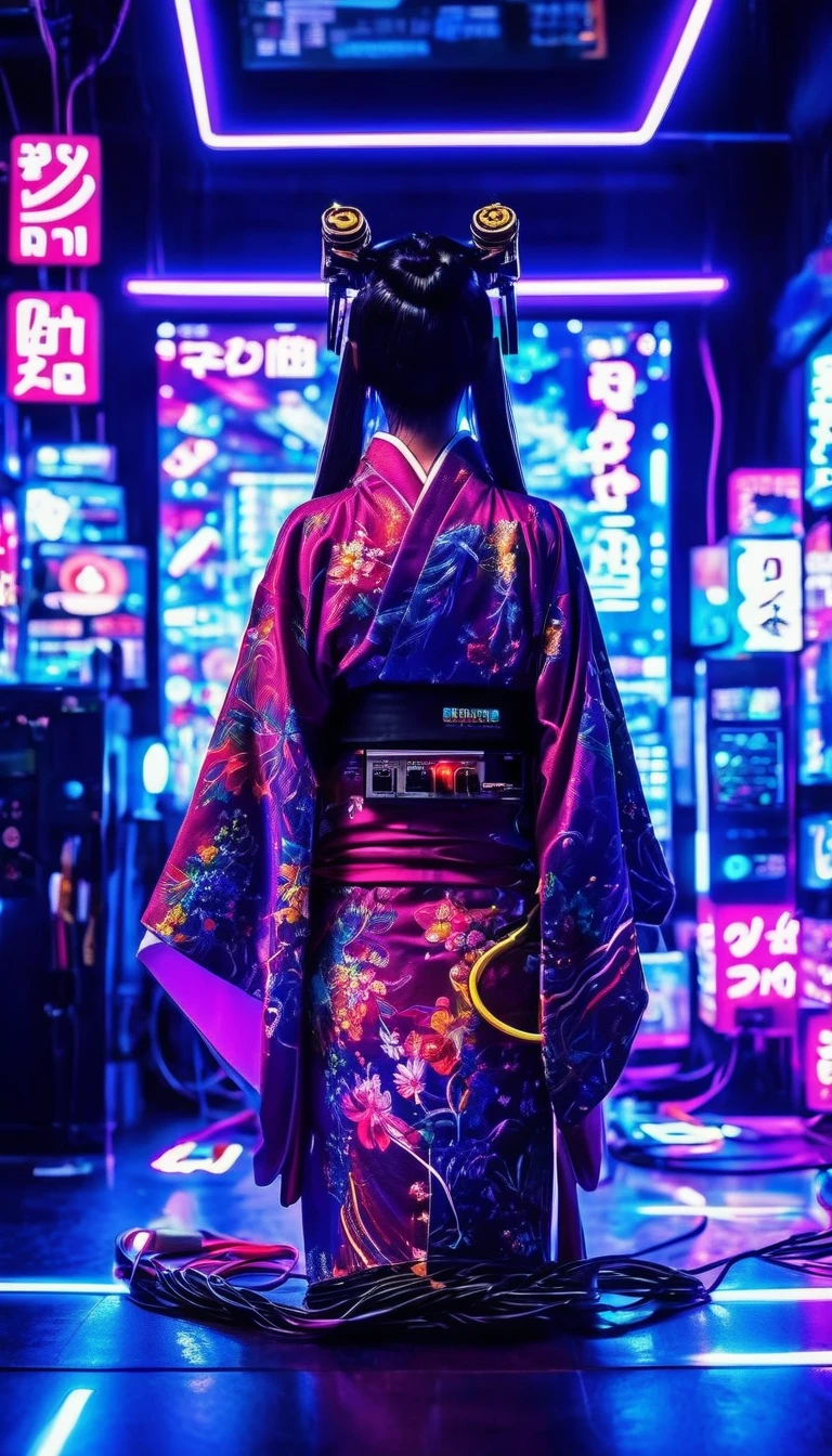 high tech, Futuristic, Only the scenery、No people、 (Realistic:1.4), Long hair made of cables, robot, In the background there are lots of computer cables, Ultra-high resolution, Ultra-high resolution, 8k, Neon Light, Japanese Culture, kimono, behind